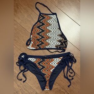 Nasty Gal Chevron Knit Halter Top Bikini Navy White Orange Brown NEW W/O TAGS